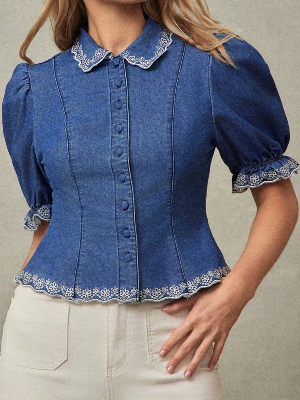 Medium Wash Casual Women's Collared Floral Embroidered Denim Top - Picture 5 of 5